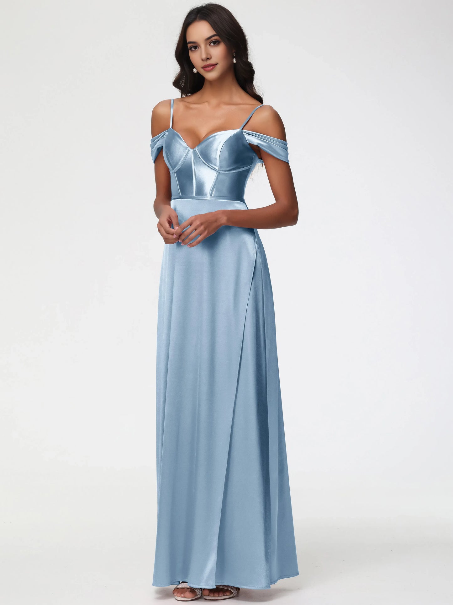 Dusty Blue Prom Off The Shoulder Sweetheart Spaghetti Straps Long Satin Prom Dress