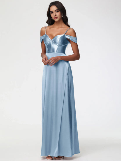 Dusty Blue Prom Off The Shoulder Sweetheart Spaghetti Straps Long Satin Prom Dress