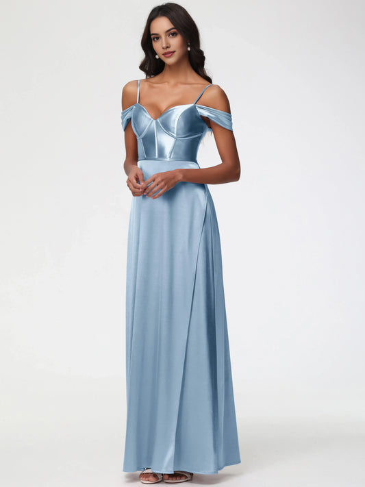 Dusty Blue Prom Off The Shoulder Sweetheart Spaghetti Straps Long Satin Prom Dress