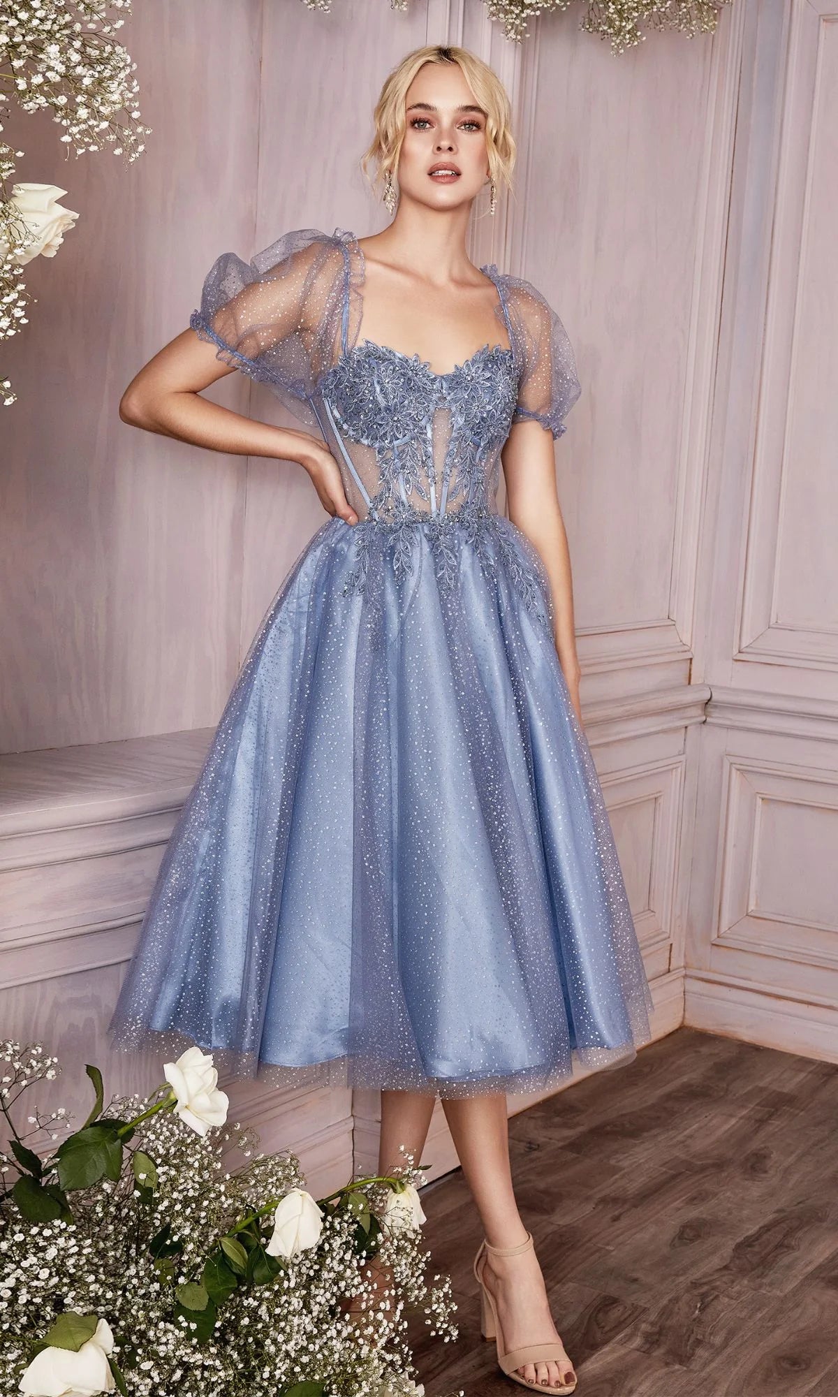 Dusty Blue Puff Sleeve Floral Appliqué Homecoming Dresses