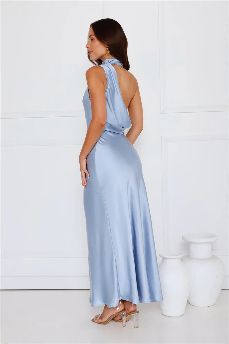 Dusty Blue Satin Halter Neck Cowl Back Maxi Evening Dresses
