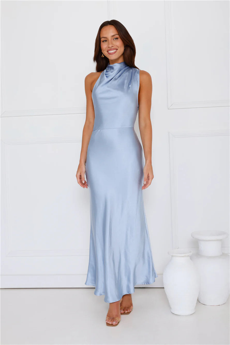 Dusty Blue Satin Halter Neck Cowl Back Maxi Evening Dresses