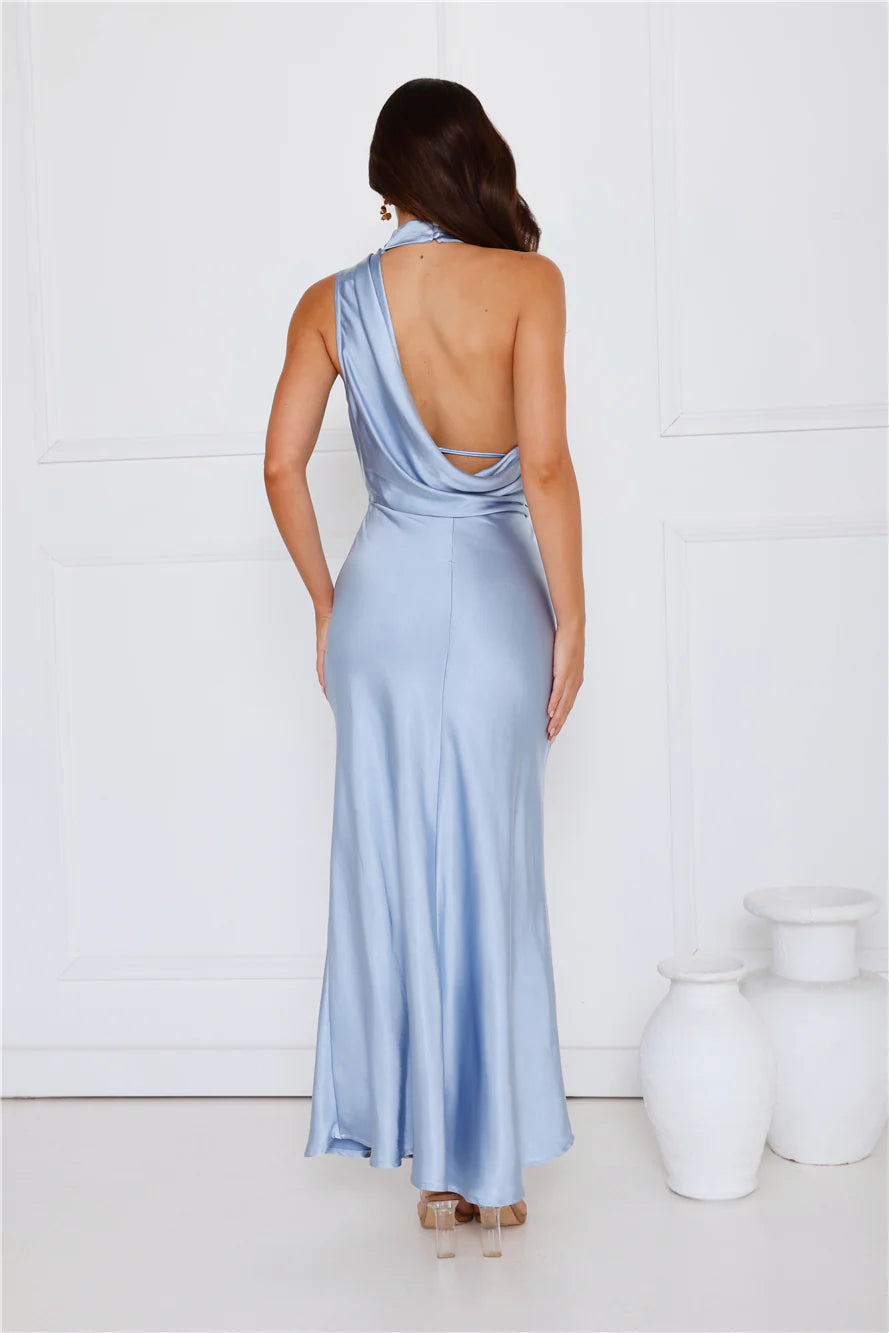 Dusty Blue Satin Halter Neck Cowl Back Maxi Evening Dresses