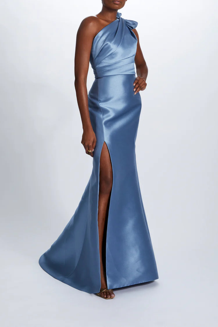 Dusty Blue Satin One Shoulder Bow Detail Mermaid Maxi Evening Dresses