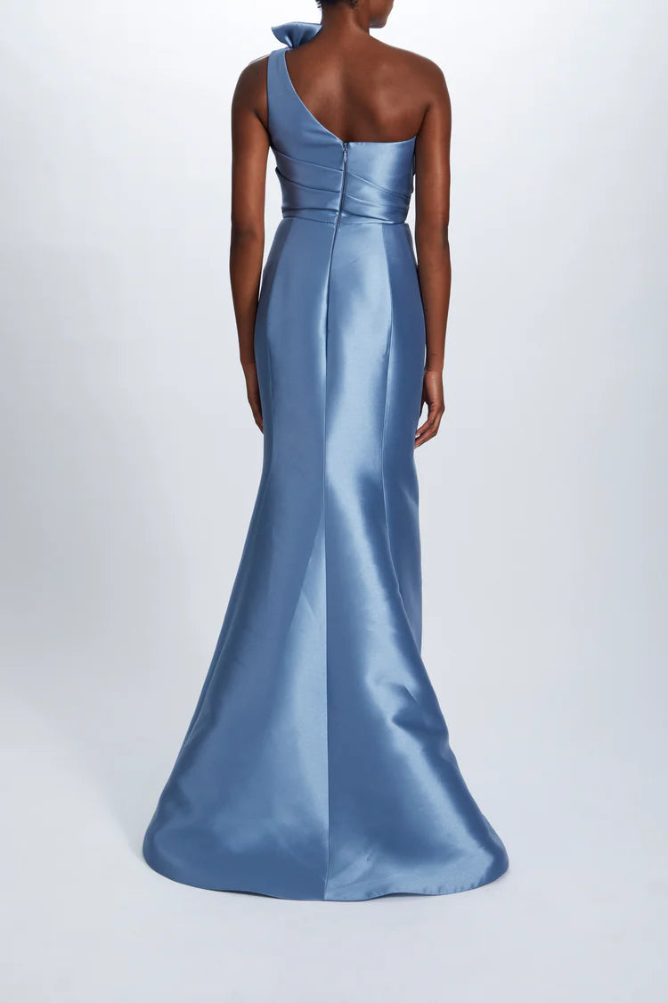 Dusty Blue Satin One Shoulder Bow Detail Mermaid Maxi Evening Dresses