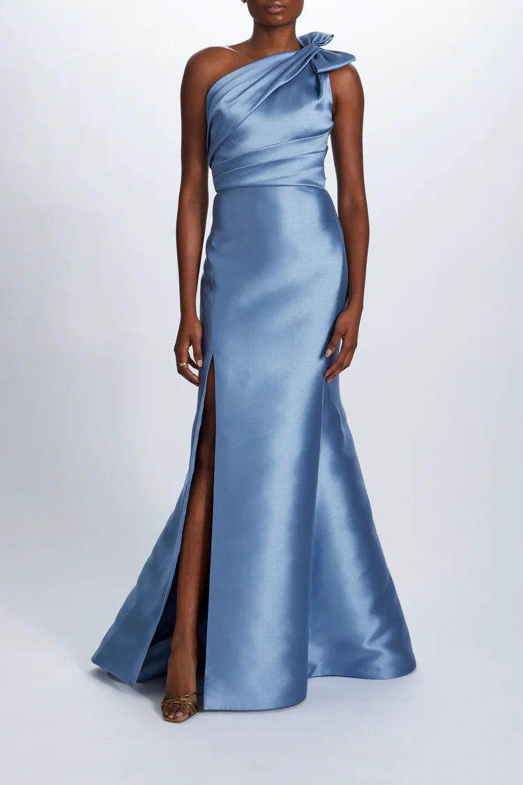 Dusty Blue Satin One Shoulder Bow Detail Mermaid Maxi Evening Dresses