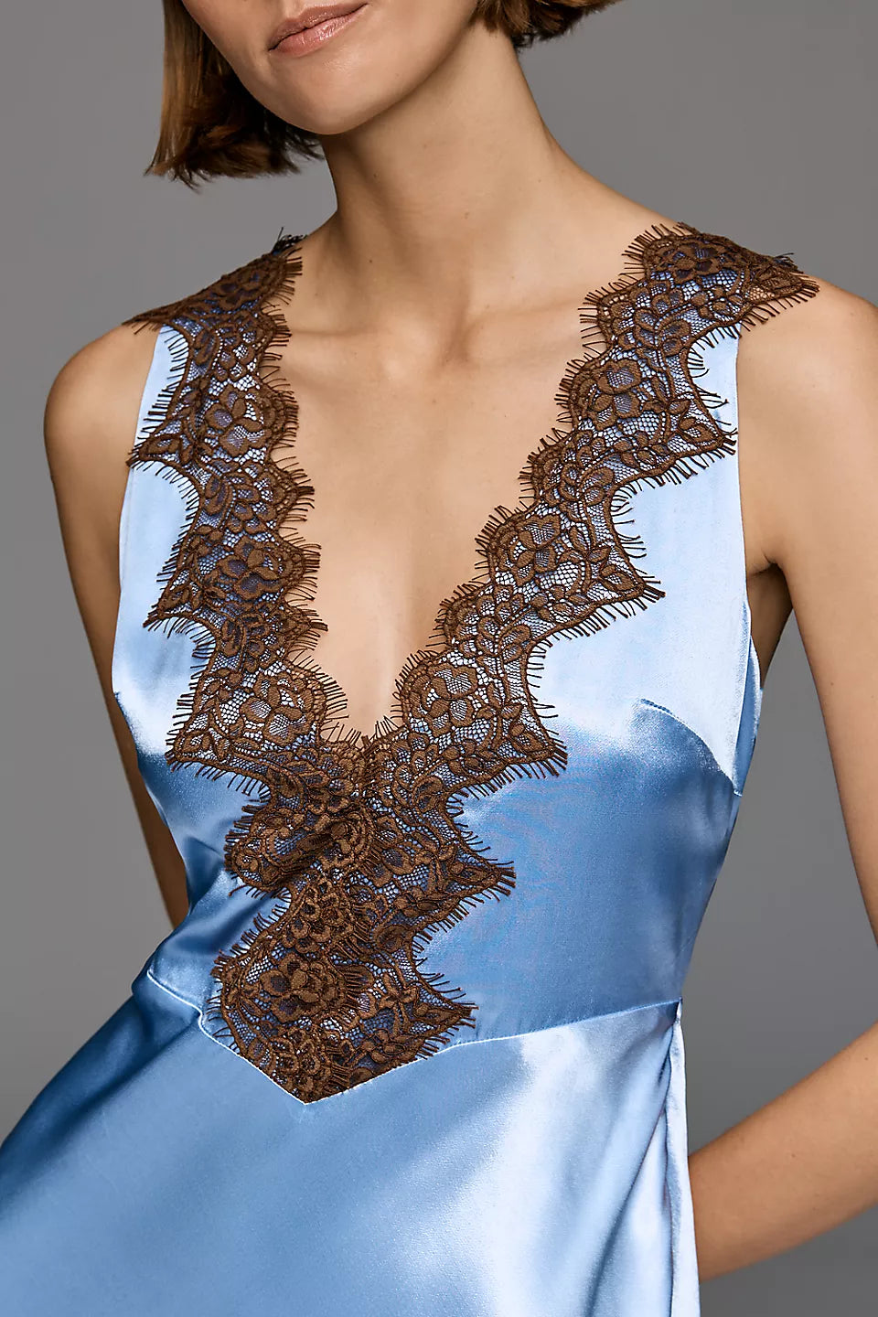Dusty Blue Satin V-Neck Brown Lace Trim Open Back Tie Midi Evening Dress