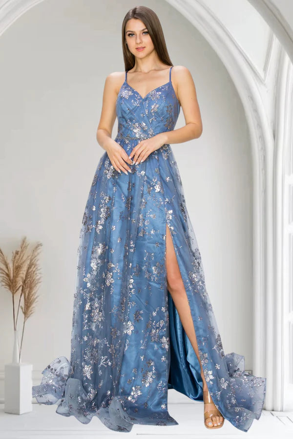 Dusty Blue Sequin Floral A-Line with Lace-Up Back Evening Dress