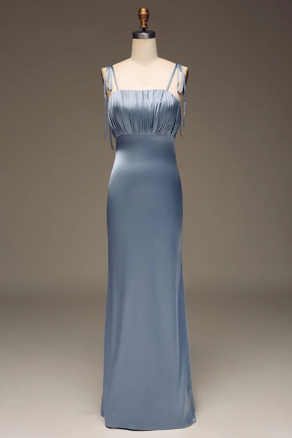 Dusty Blue Sheath Spaghetti Straps Satin Pleated Bridesmaid Dress