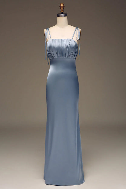 Dusty Blue Sheath Spaghetti Straps Satin Pleated Bridesmaid Dress