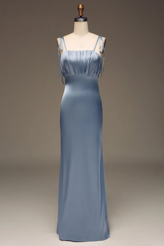 Dusty Blue Sheath Spaghetti Straps Satin Pleated Bridesmaid Dress