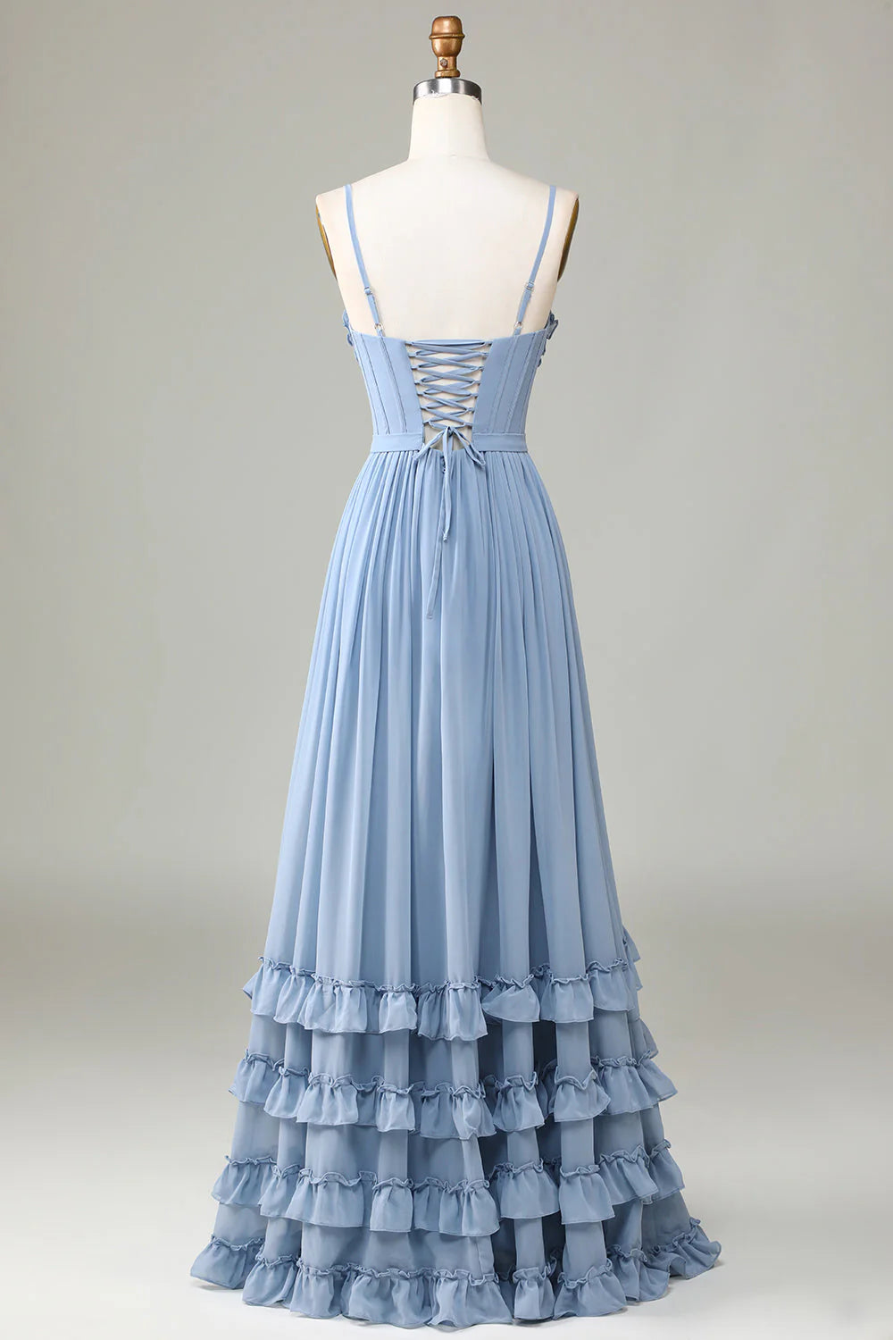 Dusty Blue Spaghetti Strap Corset Tiered Ruffle Chiffon Evening Dresses