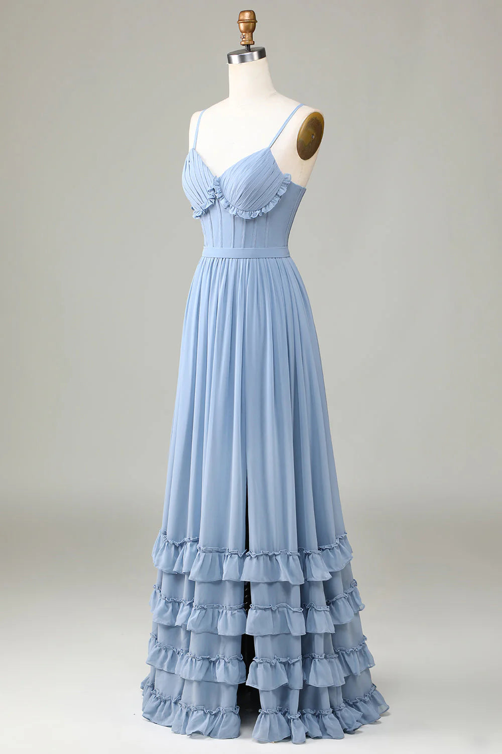 Dusty Blue Spaghetti Strap Corset Tiered Ruffle Chiffon Evening Dresses