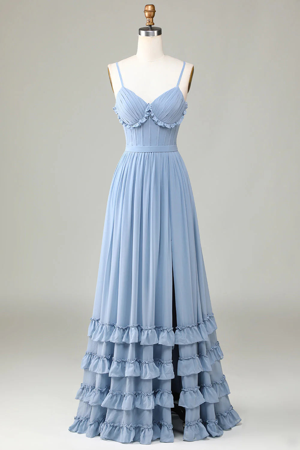 Dusty Blue Spaghetti Strap Corset Tiered Ruffle Chiffon Evening Dresses