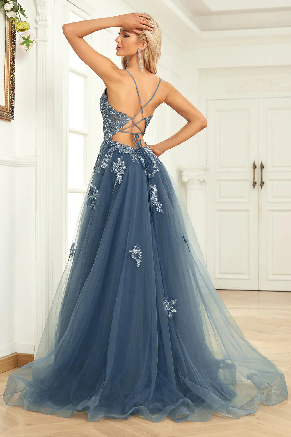 Dusty Blue Spaghetti Strap Floral Lace-Up A-Line Evening Dresses
