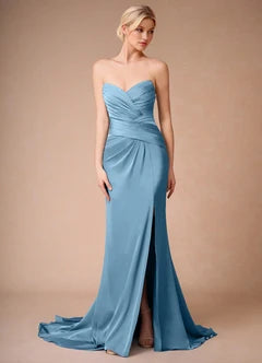 Dusty Blue Spaghetti Strap Pleated High Slit Mermaid Evening Dresses