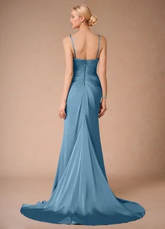 Dusty Blue Spaghetti Strap Pleated High Slit Mermaid Evening Dresses