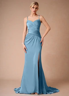 Dusty Blue Spaghetti Strap Pleated High Slit Mermaid Evening Dresses