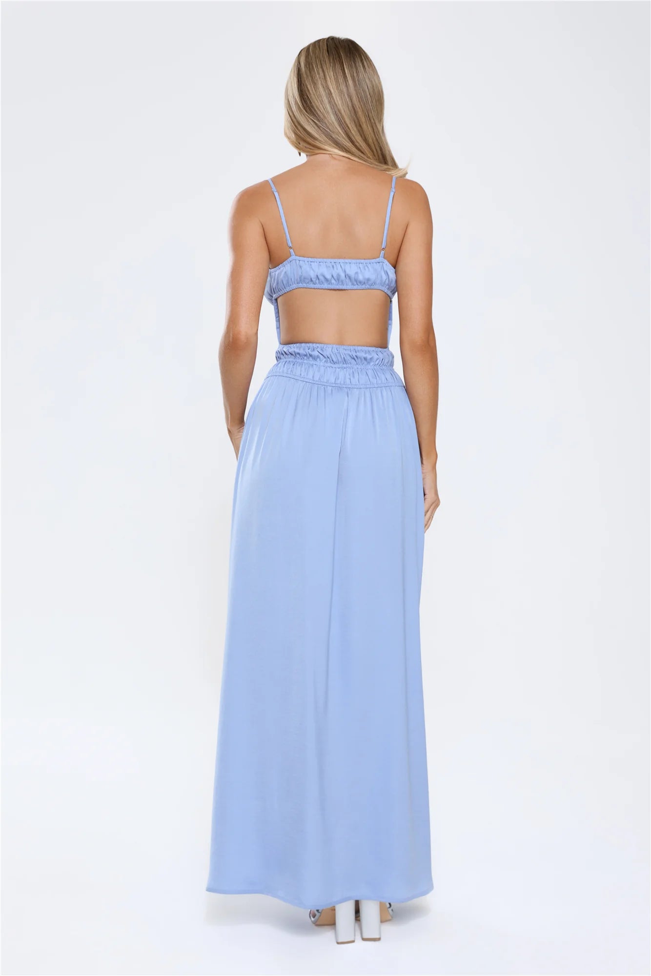 Dusty Blue Spaghetti Strap Ruched Back Cutout Maxi Evening Dresses