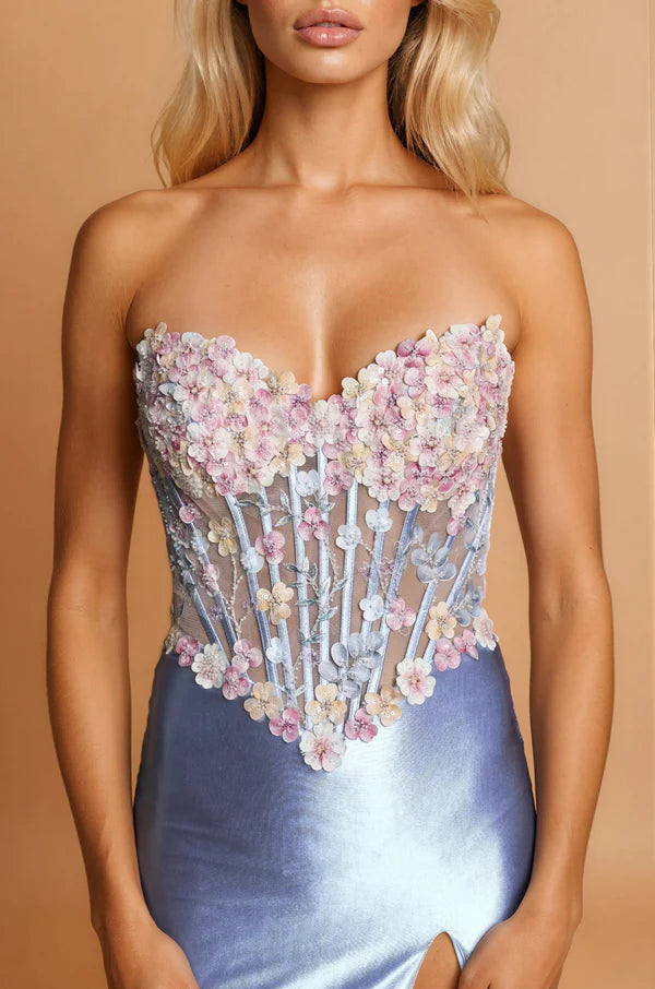 Dusty Blue Strapless Floral Applique Corset Satin Mermaid Evening Dress