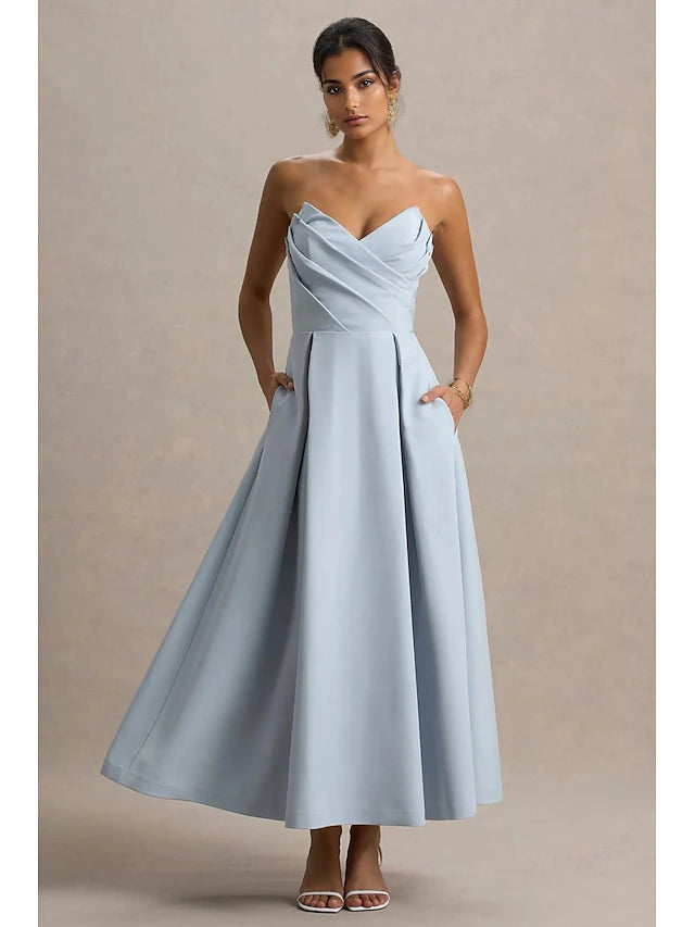 Dusty Blue Strapless Pocket Midi Dresses