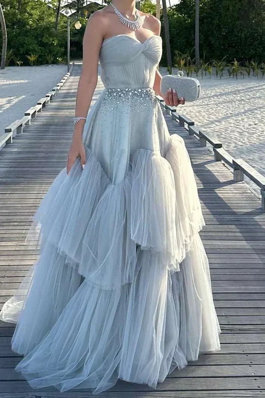 Dusty Blue Strapless Tiered Tulle Prom Dress with Beaded Waistband and Train