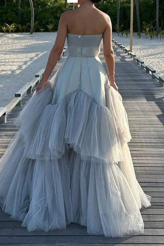 Dusty Blue Strapless Tiered Tulle Prom Dress with Beaded Waistband and Train