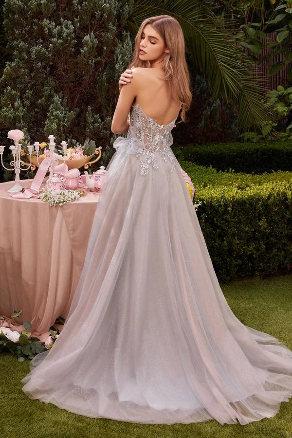 Dusty Blue Tulle Floral Embellished Off-Shoulder Puff Sleeve Slit Train Maxi Evening Dresses
