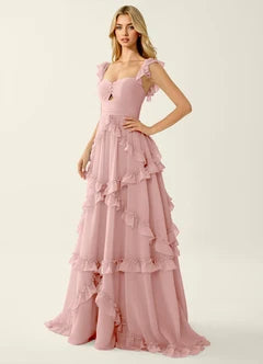 Dusty Pink Chiffon Ruffle Strap Lace-Up Back Tiered Maxi Evening Dresses