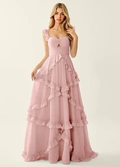 Dusty Pink Chiffon Ruffle Strap Lace-Up Back Tiered Maxi Evening Dresses