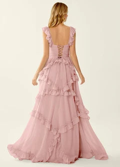 Dusty Pink Chiffon Ruffle Strap Lace-Up Back Tiered Maxi Evening Dresses