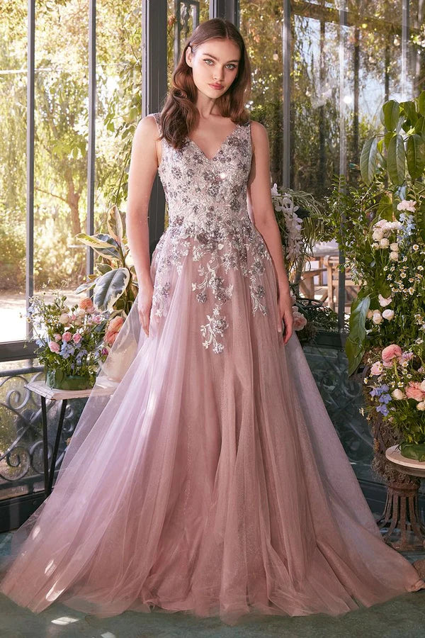 Dusty Pink Floral Embellished Sleeveless V-Neck Tulle A-Line Train Evening Dresses