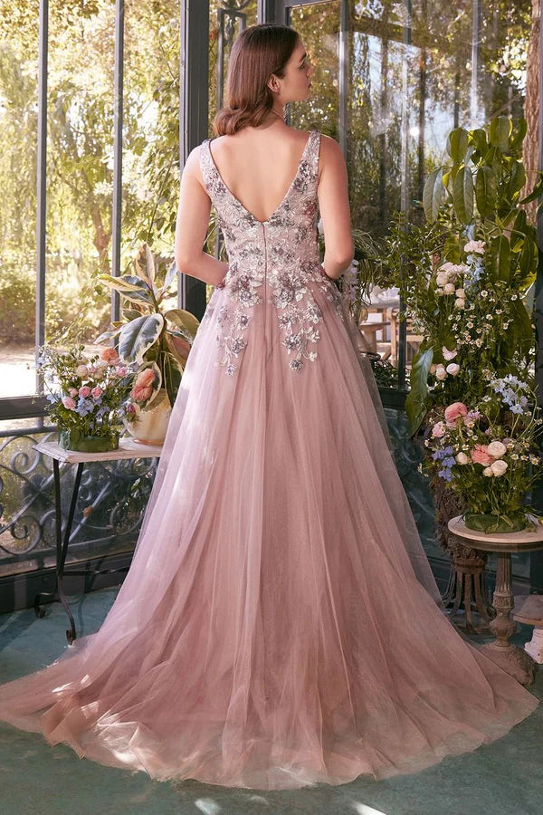 Dusty Pink Floral Embellished Sleeveless V-Neck Tulle A-Line Train Evening Dresses