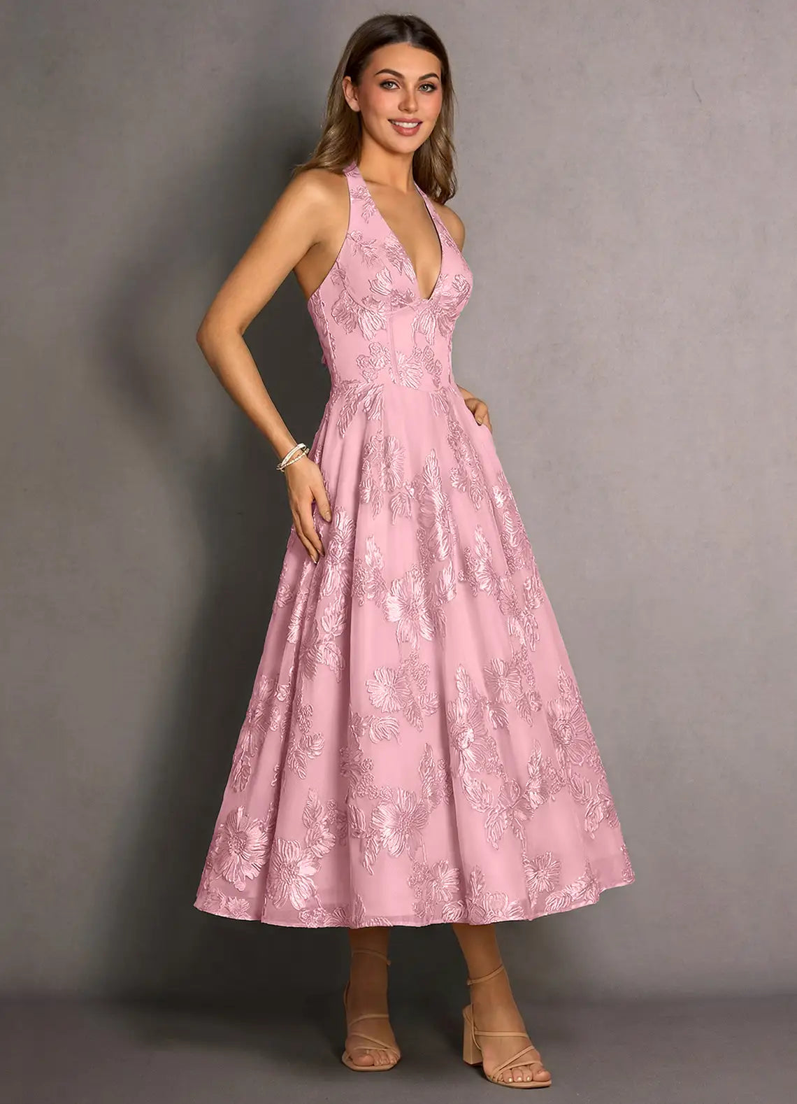 Dusty Pink Floral Embroidery Halter Tie Back Lace-Up Midi Evening Dresses