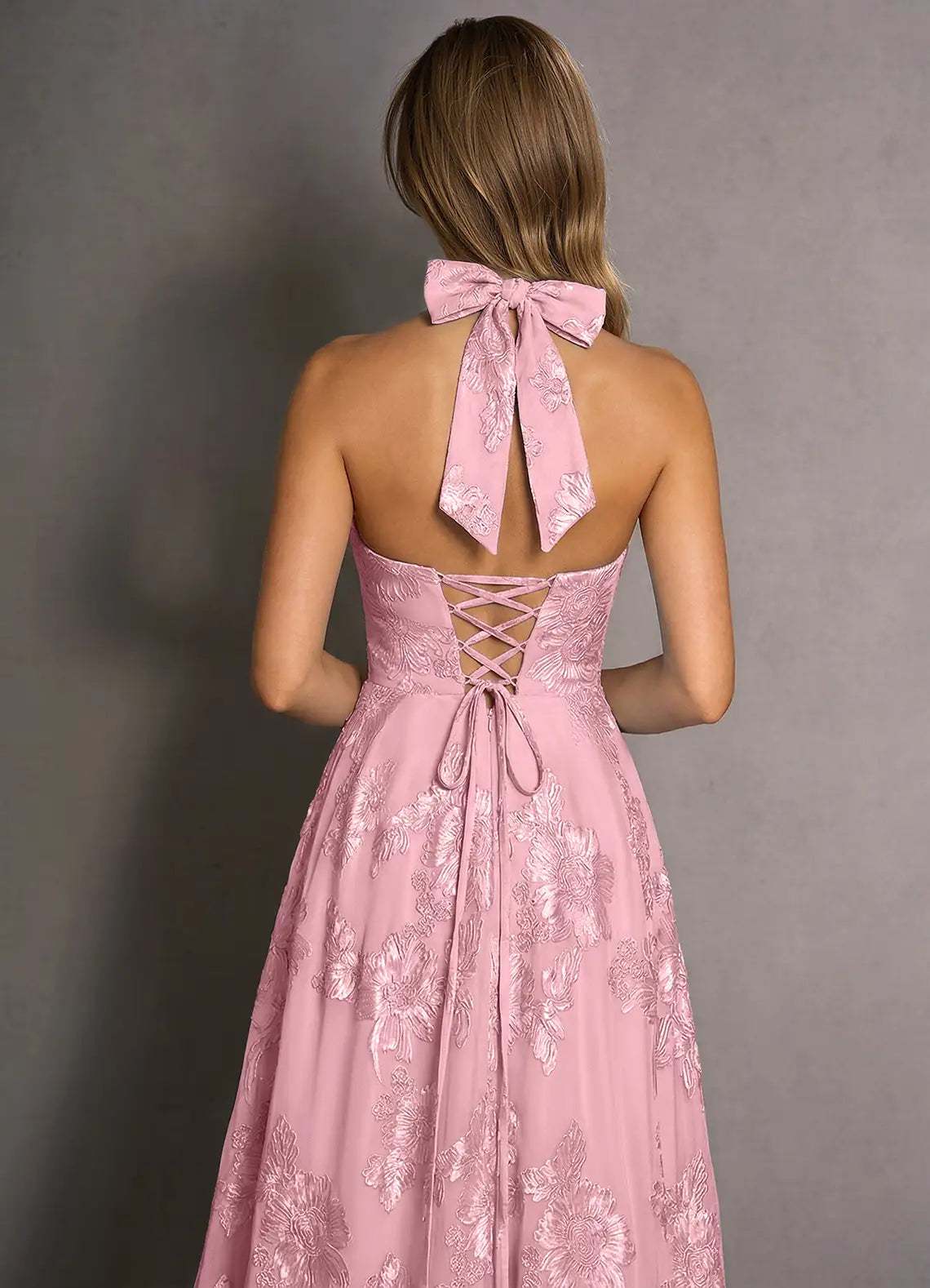 Dusty Pink Floral Embroidery Halter Tie Back Lace-Up Midi Evening Dresses