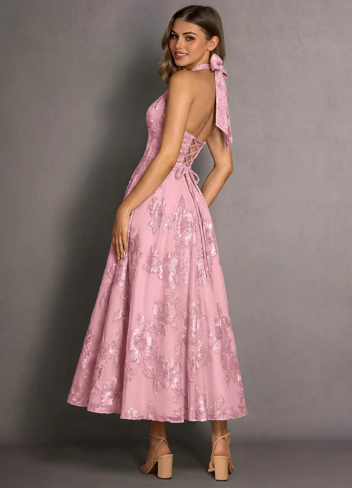 Dusty Pink Floral Embroidery Halter Tie Back Lace-Up Midi Evening Dresses