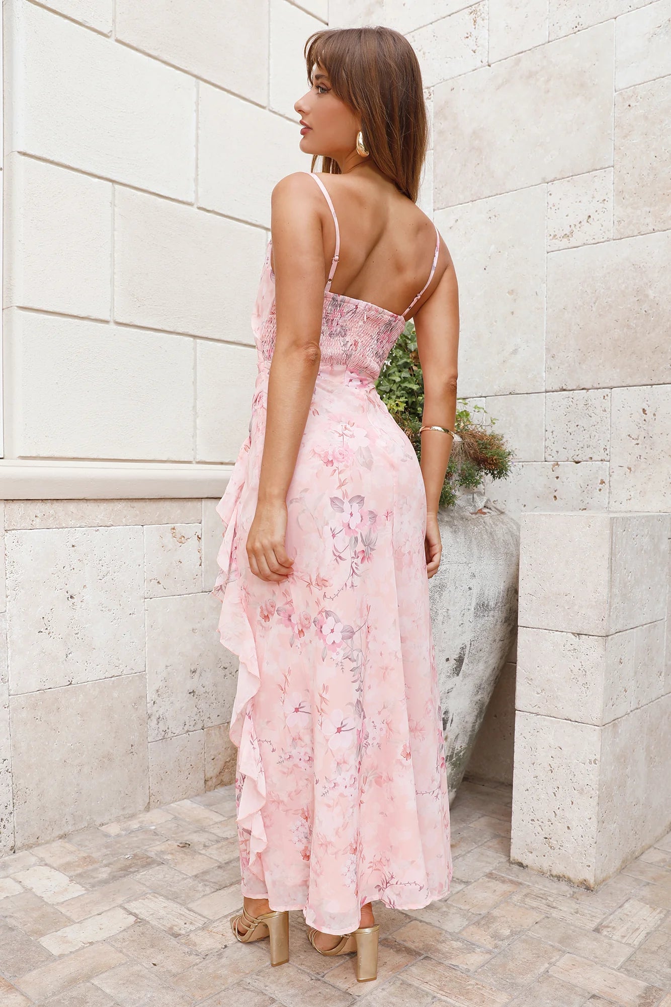 Dusty Pink Floral Print Chiffon Ruffle Maxi Evening Dresses