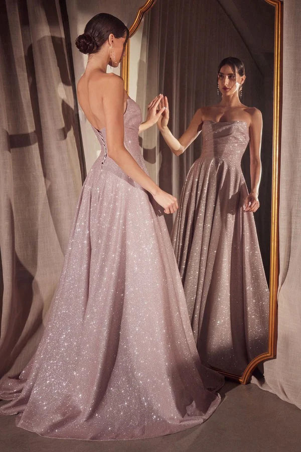 Dusty Pink Glitter Strapless Ball Gown Slit Maxi Evening Dresses