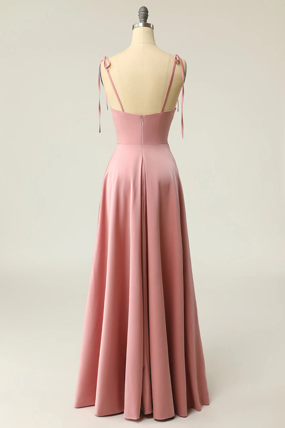 Dusty Pink Satin Cowl Neck Tie-Strap A-Line Evening Dresses