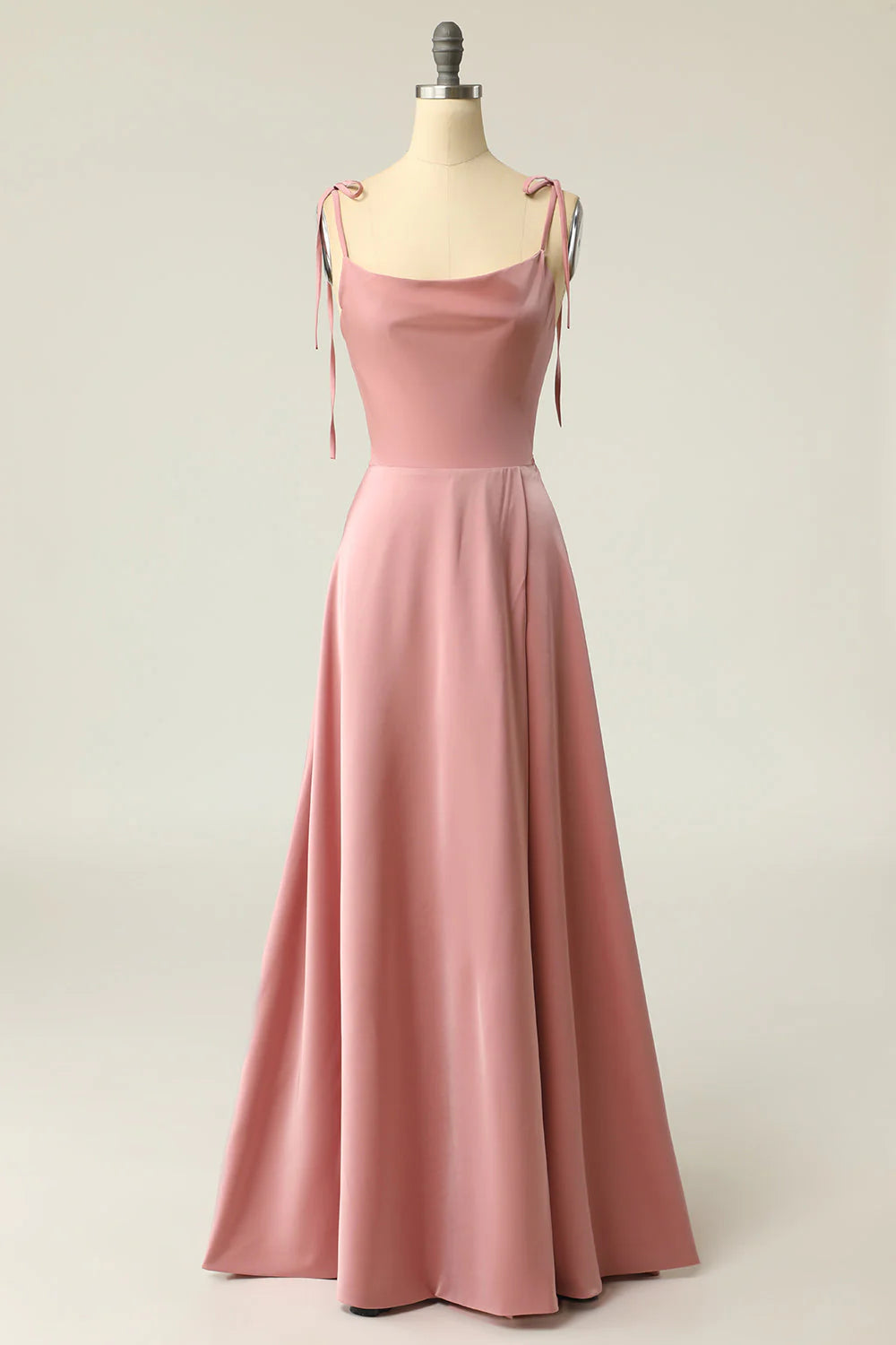 Dusty Pink Satin Cowl Neck Tie-Strap A-Line Evening Dresses