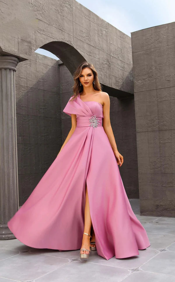 Dusty Pink Satin One-Shoulder Beaded Waist Slit Maxi Evening Dresses