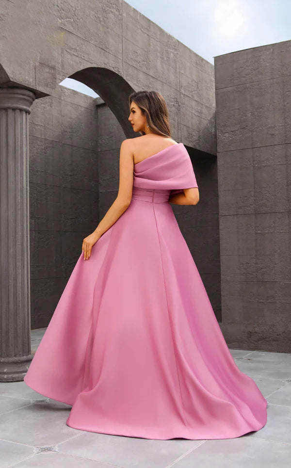 Dusty Pink Satin One-Shoulder Beaded Waist Slit Maxi Evening Dresses