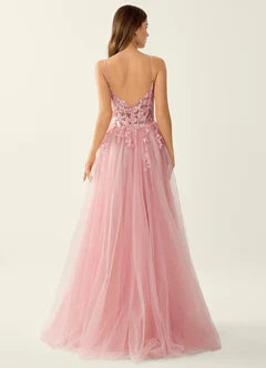 Dusty Pink Spaghetti Strap Lace Applique Tulle Ball Gown Maxi Evening Dresses