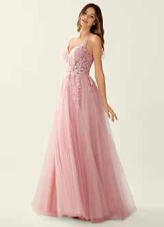 Dusty Pink Spaghetti Strap Lace Applique Tulle Ball Gown Maxi Evening Dresses
