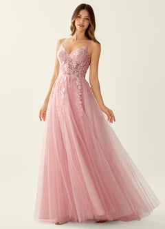 Dusty Pink Spaghetti Strap Lace Applique Tulle Ball Gown Maxi Evening Dresses