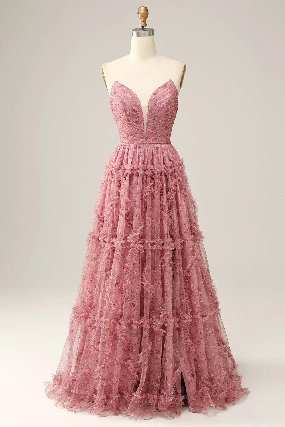 Dusty Pink Strapless Tiered Ruffle Tulle A-Line Evening Dress