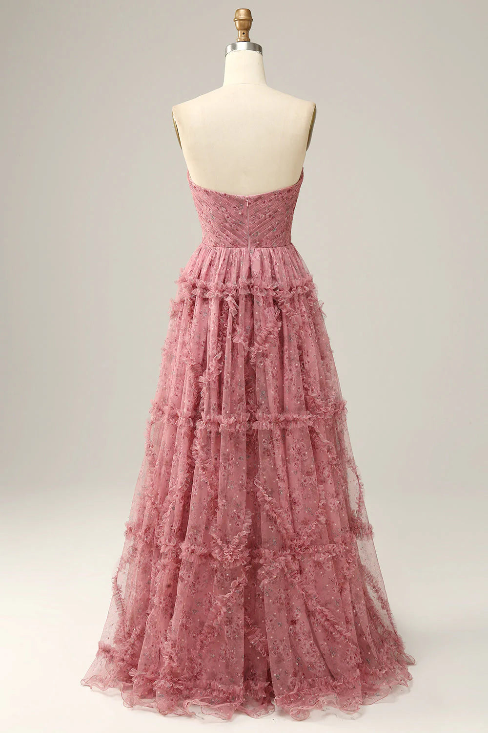 Dusty Pink Strapless Tiered Ruffle Tulle A-Line Evening Dress
