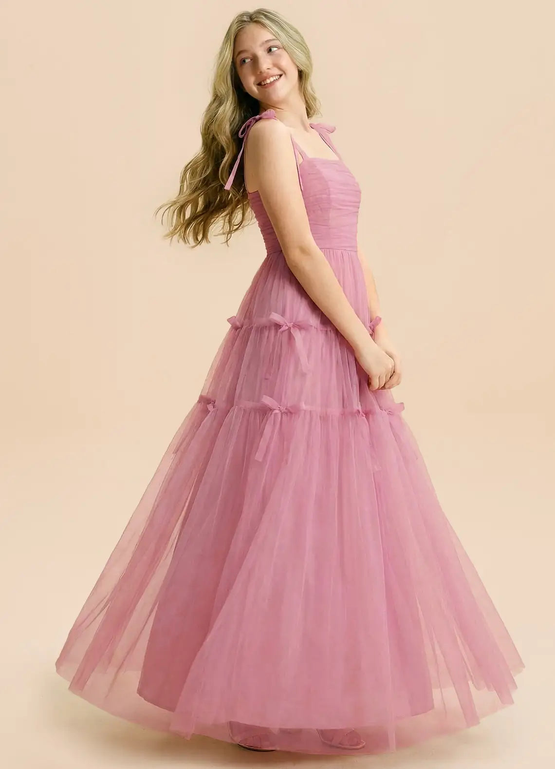 Dusty Pink Tulle Tie Strap Tiered Bow A-Line Maxi Evening Dresses