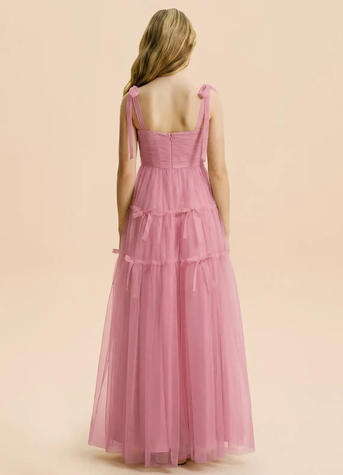 Dusty Pink Tulle Tie Strap Tiered Bow A-Line Maxi Evening Dresses