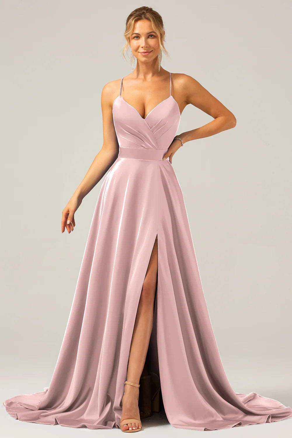 A-line V-neck pleated satin bridesmaid dress with slit
